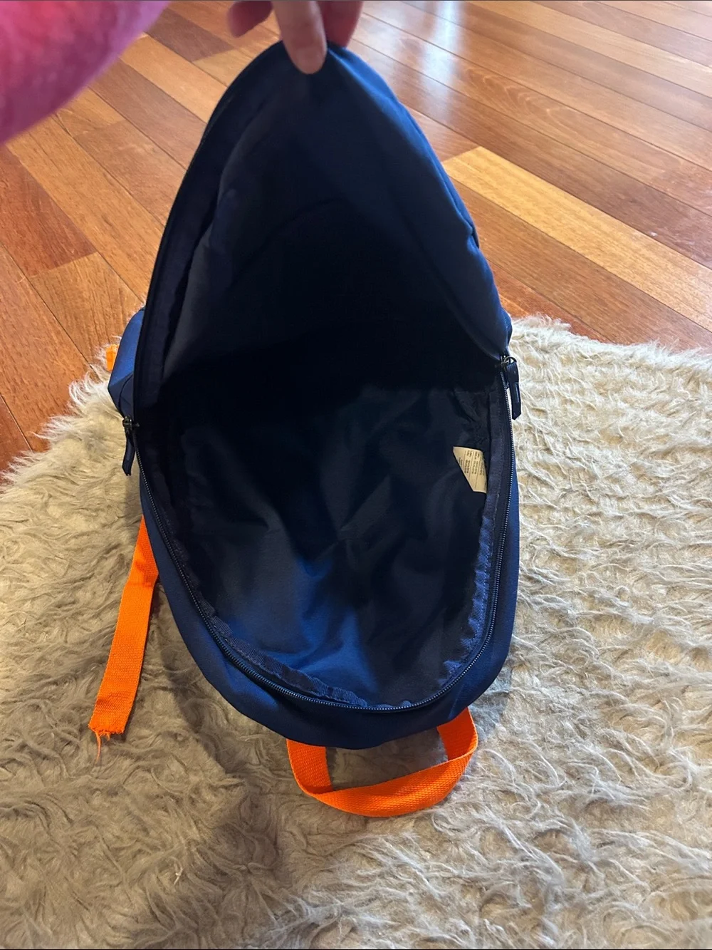 Nike Navy And Teal Kids Backpack with Green Logo and Orange Straps